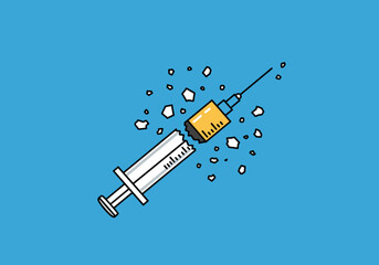 Broken syringe with fragments on a blue background
