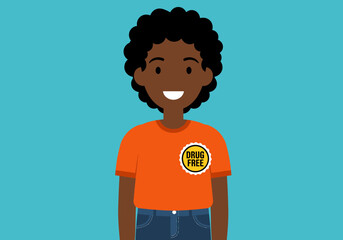 Cartoon figure smiling dark hair wearing orange Drug Free shirt blue jeans Light blue background