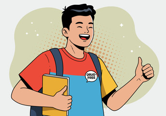 Cheerful boy with backpack book and DrugFree button gives a thumbsup