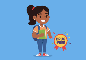 Cartoon student with backpack book  Drug Free badge on blue backdrop