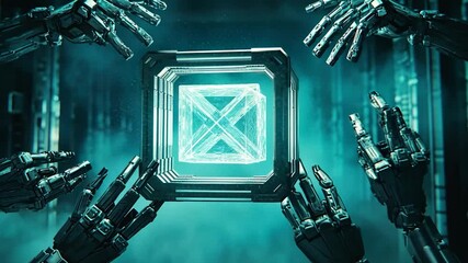Robotic hands encircle a glowing, crystalline cube within a metallic frame, set against a teal, futuristic backdrop - Powered by Adobe