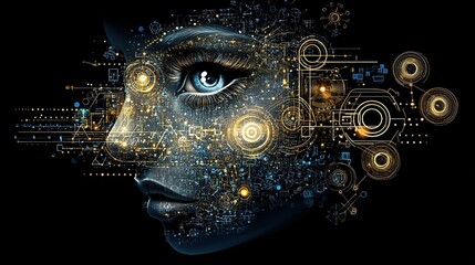 Digital Art of Humanoid Head with Intricate Technological Elements, Symbolizing AI and Human - Tech Fusion