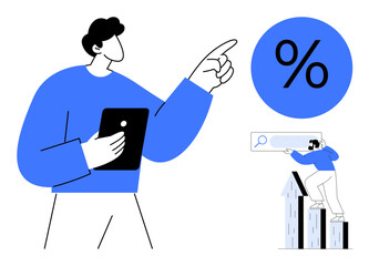 Large character holding tablet, pointing at percentage icon. Small character on growth chart with search bar. Ideal for finance, analytics, trends, statistics, investment, strategy simple flat