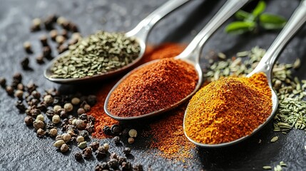 Metal Spoons Filled with Various Spices on Dark Stone Surface, Surrounded by Scattered Peppercorns and Herbs