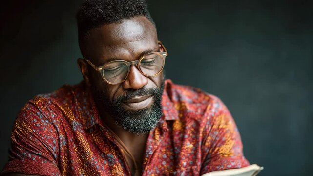 Calm man with beard and glasses reading book wearing colorful patterned shirt in dark background