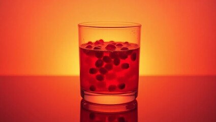 Red Pomegranate Seeds in Glass on Orange Background
