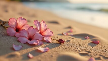 Pink Hibiscus and Plumeria Blossoms on Sandy Beach at Sunset