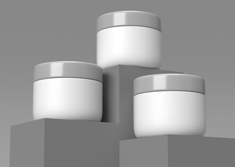 Three Blank White Cosmetic Jars on Gray Platforms - Product Mockup