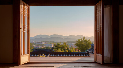 view from the window of a house, traditional house, Hanok, Korea