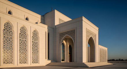 Obraz premium The clean, minimalist facade of a modern white mosque featuring intricate islamic geometric patterns and arches against a clear blue sky. A symbol of contemporary religious architecture