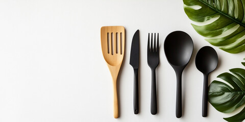 Kitchen Utensils Flat Lay with Green Leaves