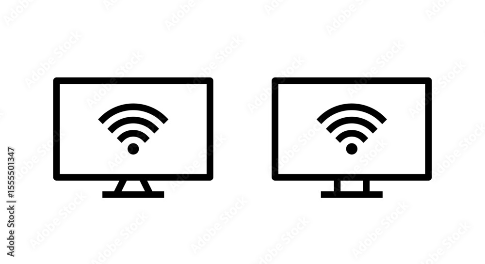 Poster wifi signal on computer screen icon set in line style. desktop pc monitor with wireless network symb