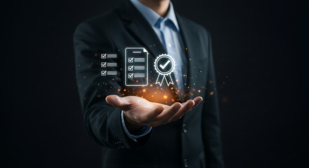 Man in suit holding document with check marks and seal floating above hand with glowing particles