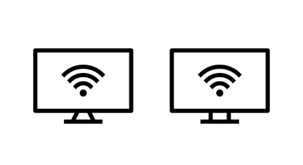 WIFI signal on computer screen icon set in line style. Desktop PC monitor with wireless network symbol