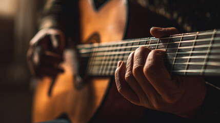 Obraz premium Close-up of fingers playing a classical guitar, capturing intricate hand movements and strings, perfect for music, practice, performance, or instrument concepts.