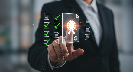 A person in a suit pointing at a digital certificate with checkmarks and document icons around it