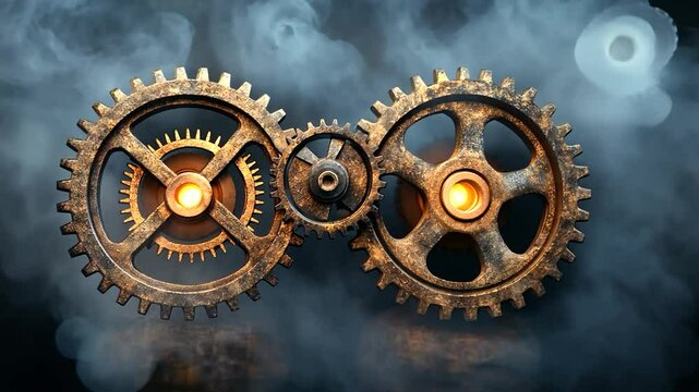 Interlocking rusty gears with glowing centers, set against a smoky dark background