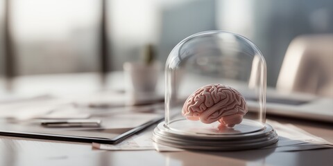 porcelain brain under a transparent glass dome, placed on office desk with cluttered papers and smartphone, soft natural light, shallow depth of field
