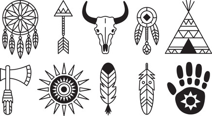 Native American icons dreamcatcher axe feather sun teepee hand black white