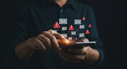 Person using a smartphone with email icons and warning signs floating above the device in dark setting