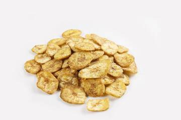 Indian snacks called Banana Chips isolated on white background 