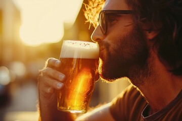 casual setting, man drinking cold lager with foam head, ambient daylight