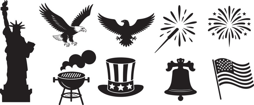 Patriotic symbols american eagles fireworks liberty bell statue flying