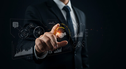 Businessman interacting with digital interface showing handshake and data graphs