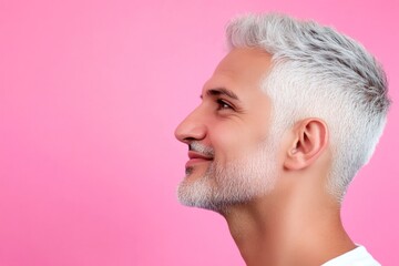 Fototapeta premium Concept layout design idea of style for aging men. Chic men's high fade haircut - midlife middle eastern man with short hair. A trendy and poised male showing charm. Pink solid background.