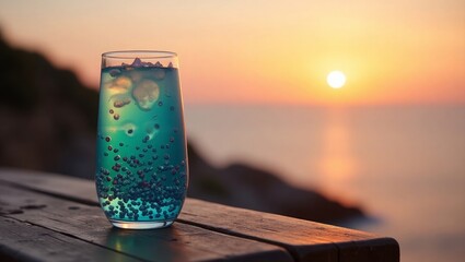 Teal Cocktail Sunset Ocean View Glass Beads Ice drink