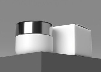 Elegant White Cosmetic Jar with Silver Lid and Packaging Box Mockup