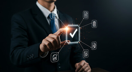 Businessman interacting with digital documents and a checkmark on a dark background