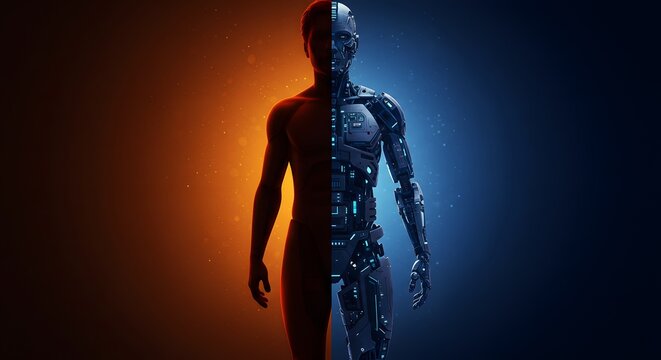 Humanity vs. Technology: A powerful artistic image of a human figure dramatically split down the middle, one half a living person, the other a highly detailed mechanical robot.