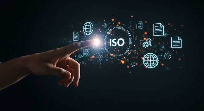 A finger touching iso circle with icons on dark background representing global standards and certification