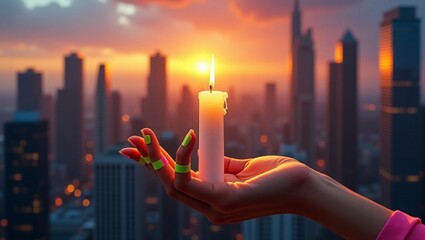 Woman Hand Holding Lit Candle Cityscape Sunset Background