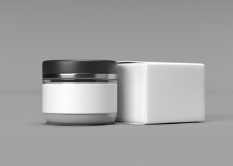 Glass Jar with Black Lid and Blank White Label Next to White Box Mockup