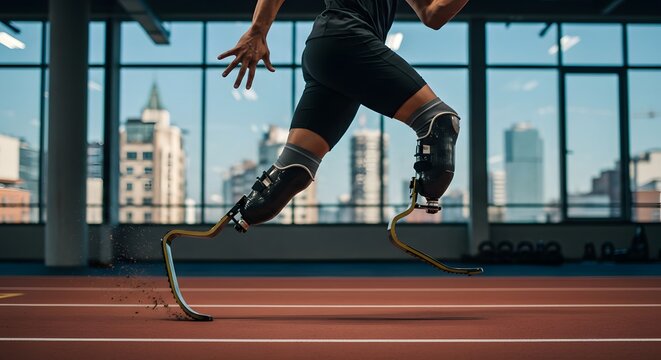 Athlete's Ascent: Dynamic image capturing a determined athlete with prosthetic legs sprinting on a track, embracing the power of sport, showcasing resilience and the pursuit of goals.