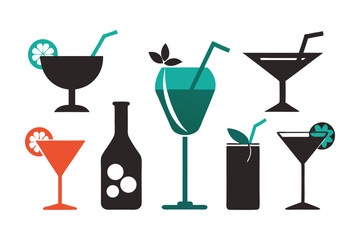 cocktails drink icon collection silhouette on white background