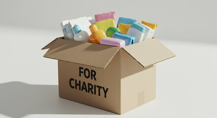 Donation box for charity filled with colorful items