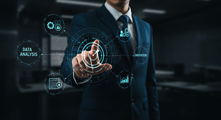 Man in suit touching digital interface with data analysis and innovation icons displayed around him