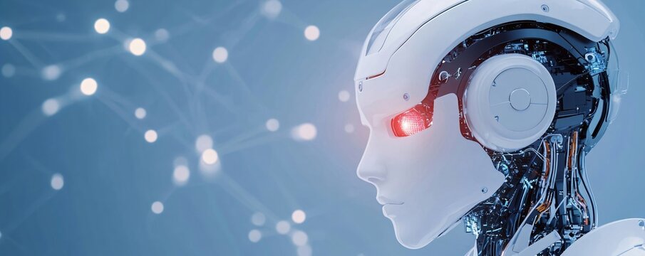 A white humanoid robot head with glowing red eyes. Artificial intelligence and machine learning concept, future technology background.