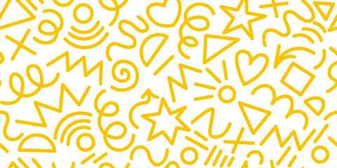 Trendy Memphis geometric seamless pattern. Cool abstract background in retro 80s, 90s style. Cute kid doodle design. Modern basic shapes set: star, arrow, triangle, circle, heart, zigzag, spiral, wavy