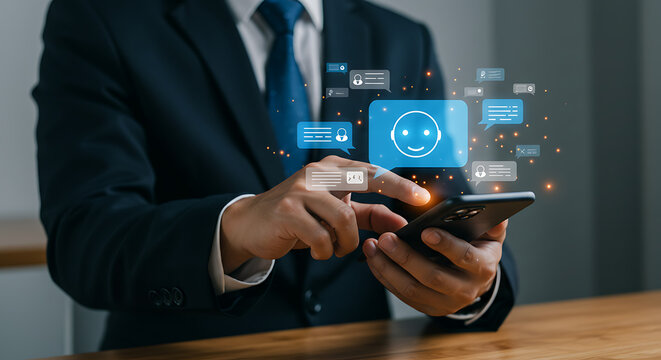 Man in suit using smartphone with chat bubbles and face icon hovering above the device screen - Powered by Adobe