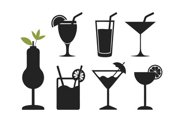 set of cocktails black silhouette icon on white background
