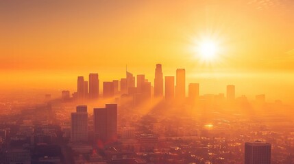 Fototapeta premium Wide-angle view of a city skyline during a heatwave.
