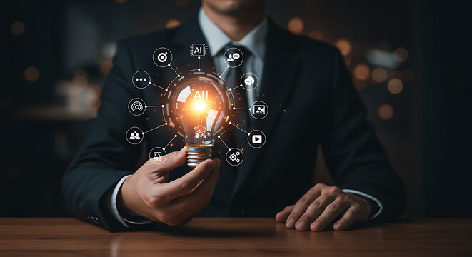 Businessman holding ai lightbulb with connected icons representing digital technology and innovation