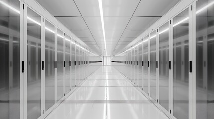 Horizontal layout of a data center with rows of servers.