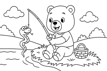 Fotobehang Cute bear fishing by the river catches a friendly snake instead of a fish. Fun cartoon scene perfect for kids’ coloring activities © Stocker.byl