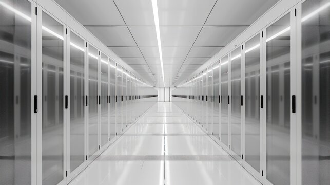 Horizontal layout of a data center with rows of servers. - Powered by Adobe