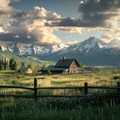 Mountain Valley Farm Sunset. Rural Landscape